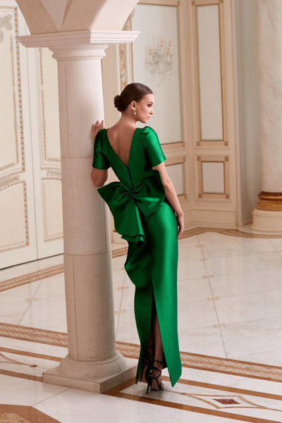 Emerald Sculpted Back Bow Evening Gown
